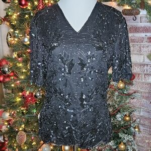 VTG Rare Stenay 100% Silk Fully Beaded Top Blouse Small Black Sequin Fitted